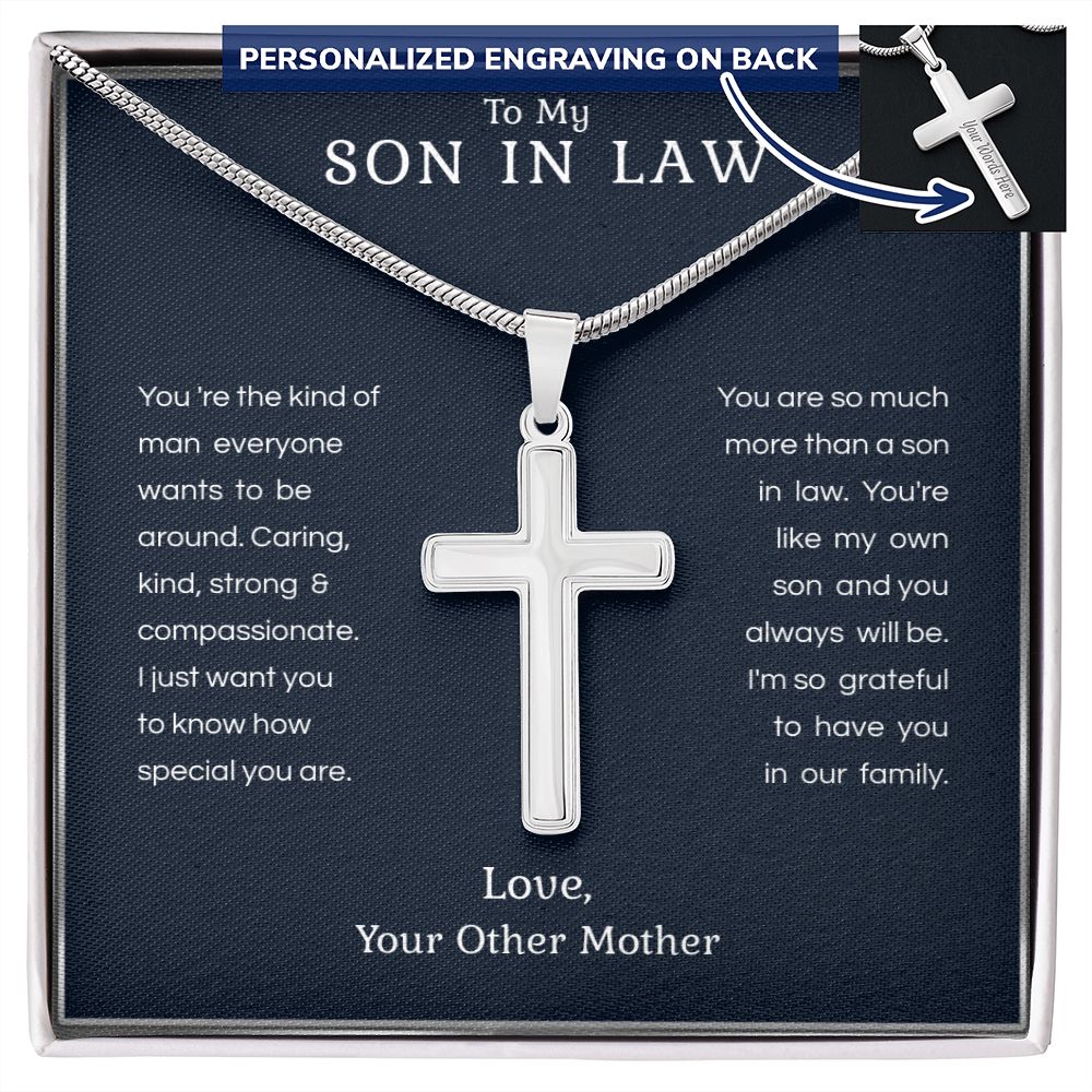 To My Son in Law Cross Necklace from Mother in Law - Engravable